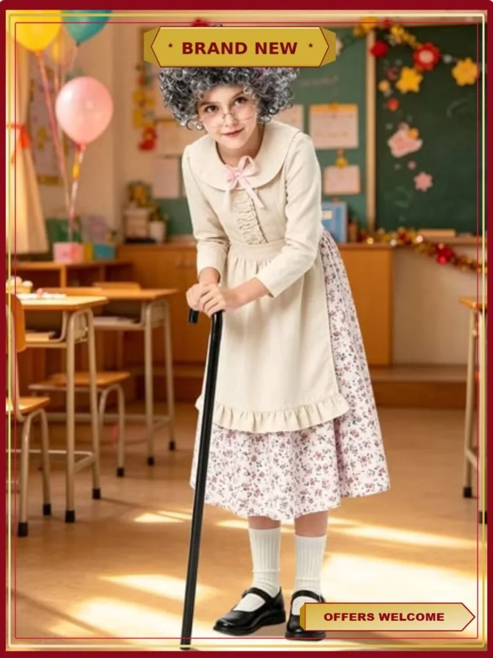 Girls Old Lady Costume 10Pc Set 100 Days of School Halloween Grandma Dress Up